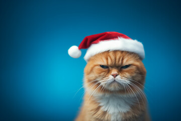 Portrait of an Angry Ginger Cat in a Santa Hat on a Blue Background