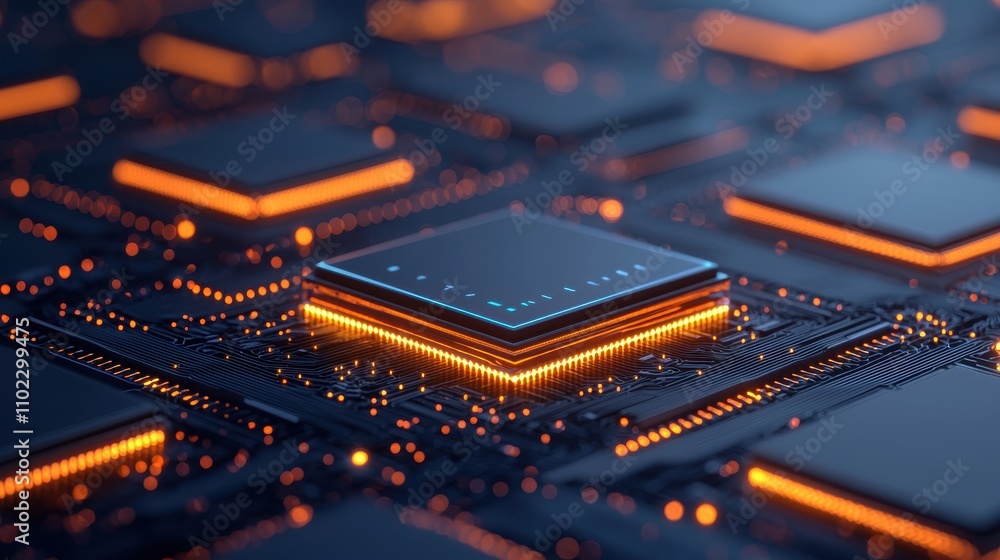 Aufkleber close-up view of glowing microchip on futuristic circuit board
