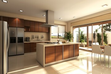 Contemporary kitchen with a central bar island, sleek cooking cabinets, and a modern refrigerator in a bright interior