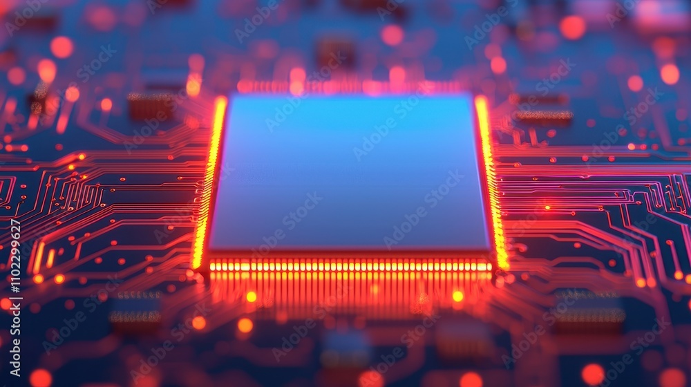 Poster close-up view of a modern microchip with glowing red circuits