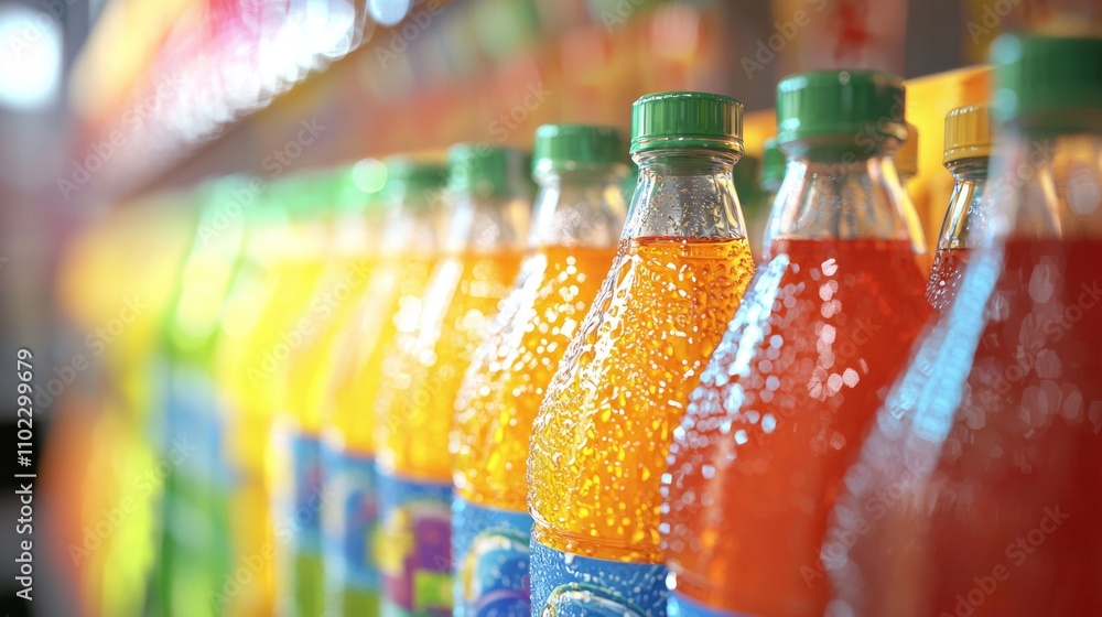 Poster colorful soda bottles with condensation in a store display
