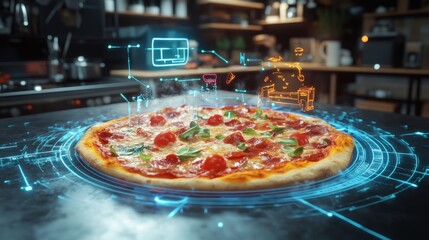 Delicious pepperoni pizza with digital overlay on kitchen counter.