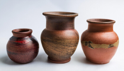 Rustic painted ceramics on white background. Handmade craft.