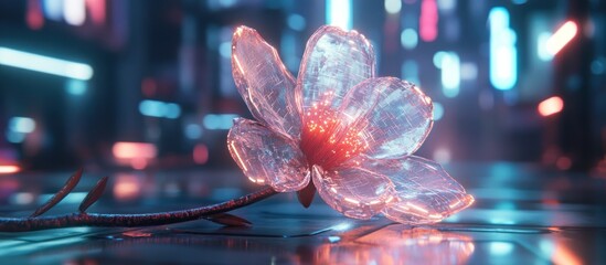 Glowing glass flower on futuristic city street.