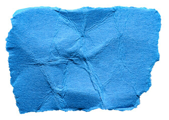Blue crumpled wrinkled torn piece of blank paper note cardboard with texture and copy space, close up transparent png background isolated cut out design element