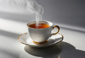 steaming cup of tea on a white saucer placed in the bottom right corner, with soft shadows extending outward