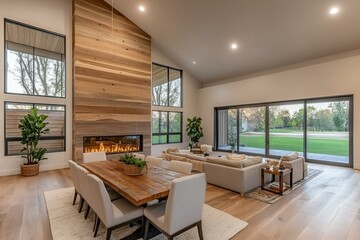 Fototapeta premium Living room interior with a dining area, cozy fireplace, large window, and a mockup wall for personalized decor in a modern home