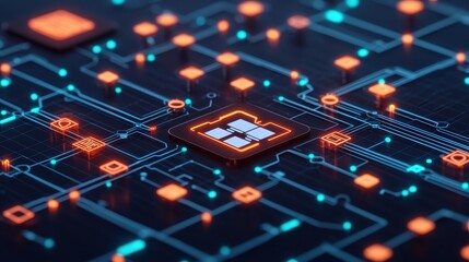 Futuristic Circuit Board with Neon Lights and Digital Elements