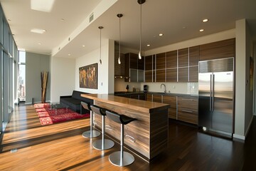Obraz premium Minimalist kitchen interior featuring a functional bar island, contemporary cabinetry, and a refrigerator in a bright, open space