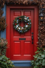 photo of red door with beautiful easter wreath, cozy blue wooden house with easter decorations