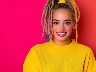 A woman with dreadlocks smiles at the camera