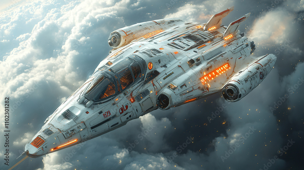 Aufkleber futuristic space ship navigating through a cloudy atmosphere with glowing details. generative ai