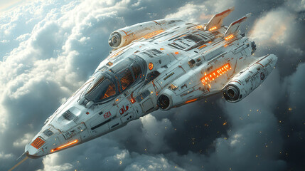 Futuristic space ship navigating through a cloudy atmosphere with glowing details. Generative AI