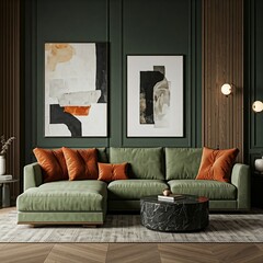 Modern, minimalist loft living room with a neutral green sectional sofa, burnt orange accents, abstract art, and cozy textiles.