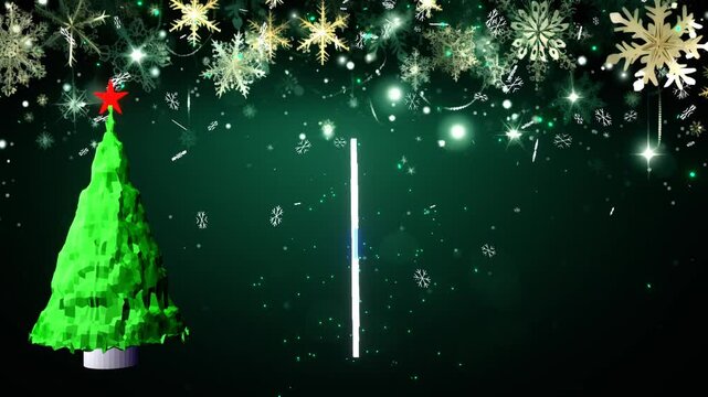 50-sceconds 3d Christmas tree rotating snowflake spinning falling snow screensaver motion graphics animation visualizer HD video