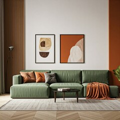 Modern, minimalist loft living room with a neutral green sectional sofa, burnt orange accents, abstract art, and cozy textiles.
