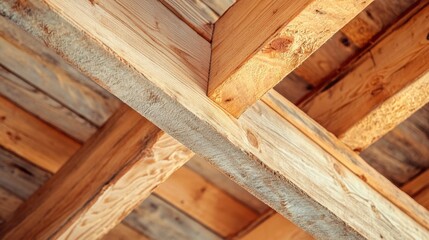 Wooden beams with detailed grain structure forming a ceiling framework