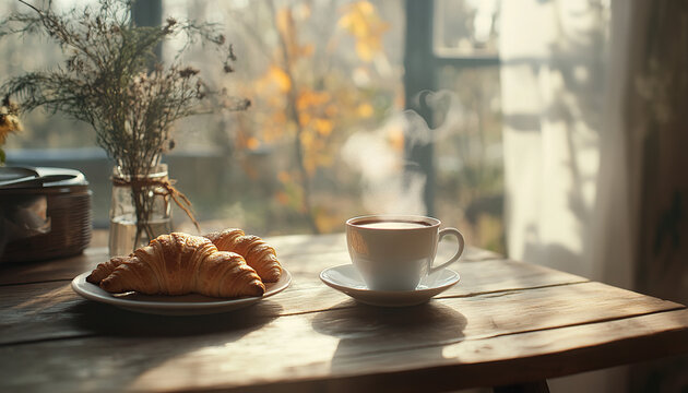 Hot coffee with crispy croissants in morning light