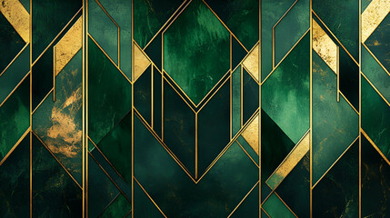 Modern art deco pattern with emerald green and gold geometric shapes, textured lines, and abstract triangles in a sleek design