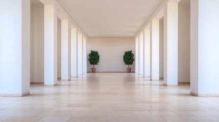 A bright, minimalist corridor featuring white columns and potted plants, creating a serene and spacious atmosphere.