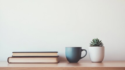 Cozy Minimalist Workspace with Books, Cup, and Succulents