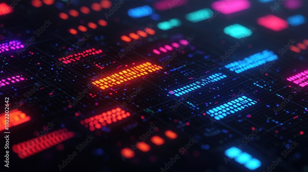 Poster colorful digital data display with bright neon lights and patterns