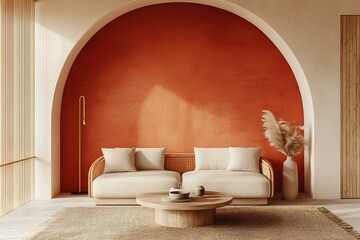 Fototapeta premium Modern Japandi interior with a vibrant arched wall, simple furnishings, and a cozy sofa blending elegance with playful colors