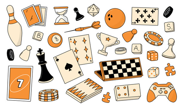 Game doodles, entertainment, boardgames cartoon elements for stickers, prints, cards, social media, packaging, signs, etc. EPS 10