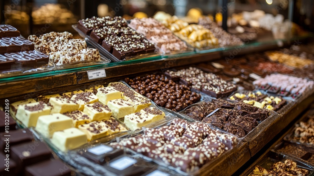 Aufkleber assorted chocolates and confections in a display case