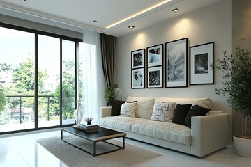 Modern living room featuring minimalist interior, sofa against a stucco wall with frames, and a serene neutral ambiance