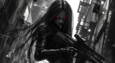A black and white cyberpunk poster of a female with long hair wearing dark futuristic armor and holding an assault rifle.
