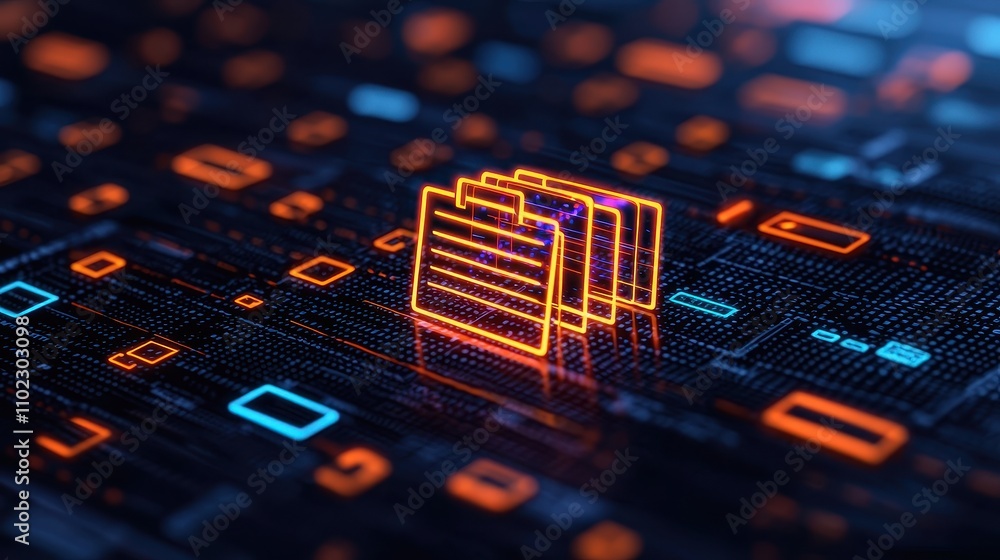 Poster digital data files on a tech background with glowing elements