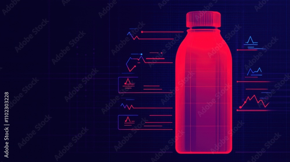 Poster neon bottle design with data visualizations and graph elements