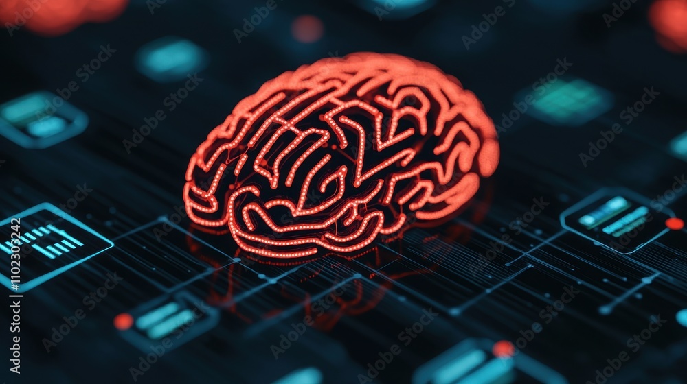 Poster digital brain concept with neural connections and technology elements