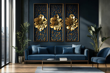 Modern triptych wall decor featuring detailed 3D floral patterns in shades of blue and gold for a sophisticated look