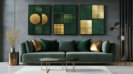 Modern triptych featuring 3D geometric patterns in green and gold, adding depth and elegance to the design