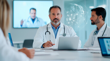 Doctors Engaged in Virtual Consultation at Modern Hospital Meeting Room