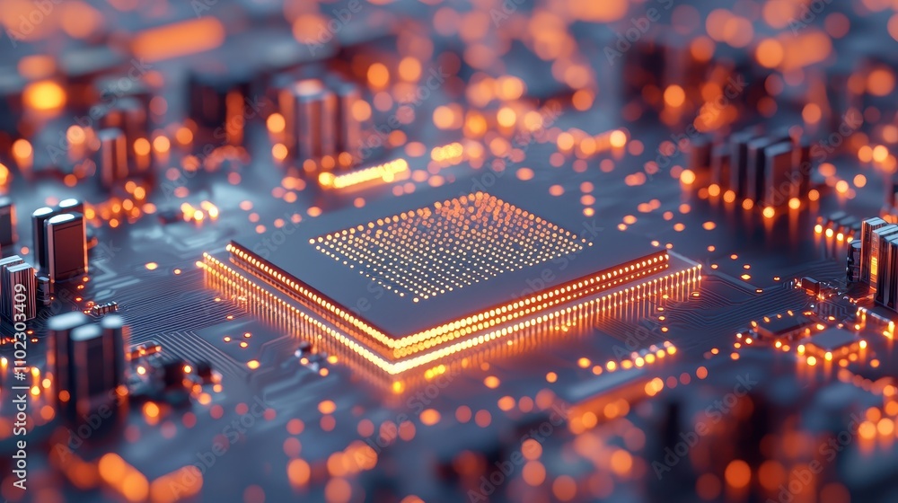 Poster close-up of circuit board with glowing microchip and technology details