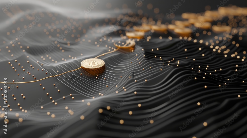 Aufkleber a visually striking image of bitcoin tokens resting on a dynamic black and gold abstract digital lan
