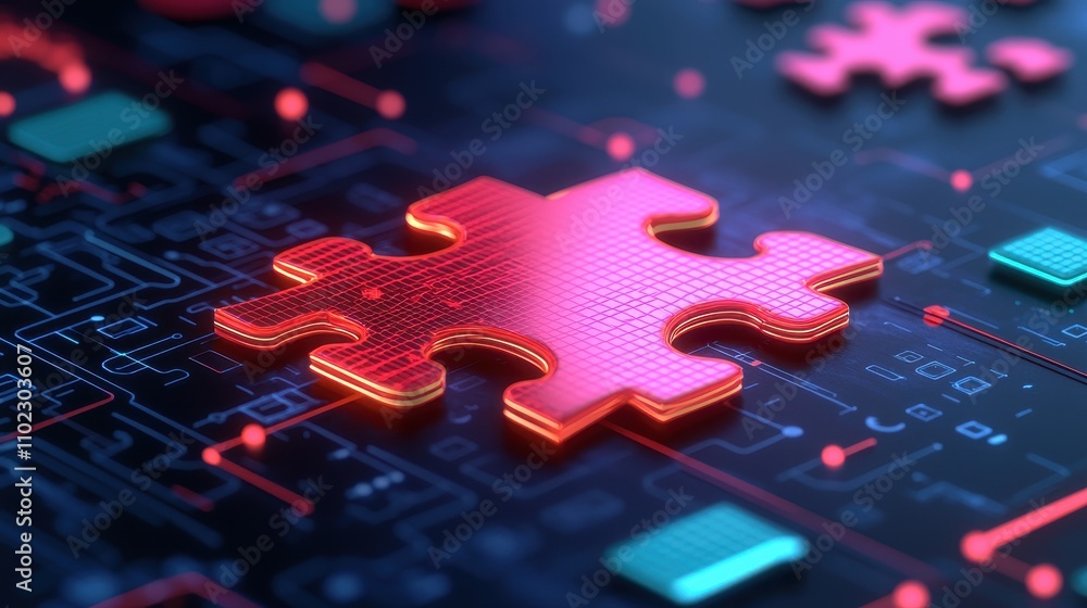 Poster neon puzzle piece on a digital background with circuitry design