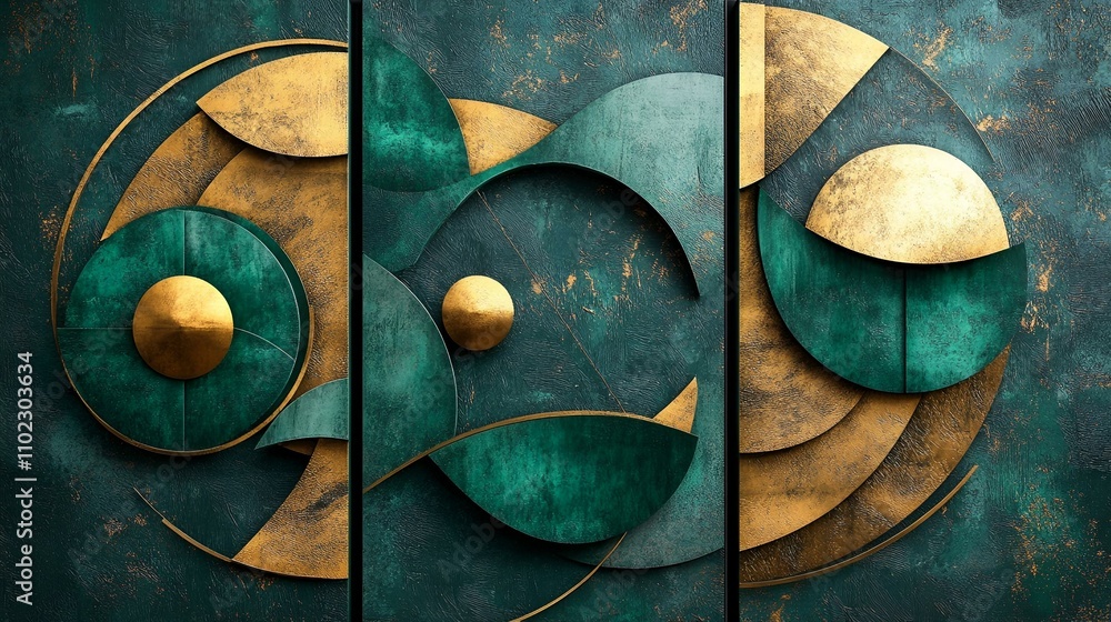Poster set of three abstract wall art panels with intricate 3d green and gold geometric shapes, creating a 