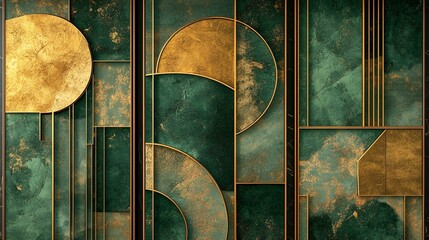 Set of three abstract wall art panels with intricate 3D green and gold geometric shapes, creating a luxurious aesthetic