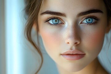 A close-up portrait of a young woman with striking green eyes, gazing directly at the viewer.