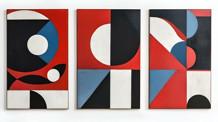 Set of three abstract wall art panels featuring bold geometric shapes in red, white, and blue for a modern aesthetic
