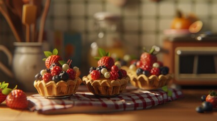 Fototapeta premium A close-up of beautifully crafted berry tarts topped with strawberries, raspberries, and blueberries, set on a wooden table in a cozy kitchen. The warm lighting creates a homely, inviting atmosphere