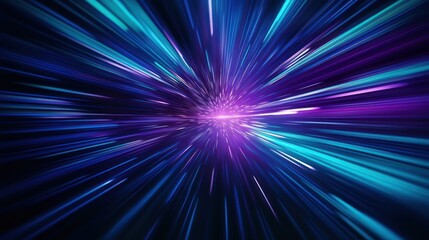 Abstract background with blue and purple light streaks radiating from the center, creating a sense of speed and motion.