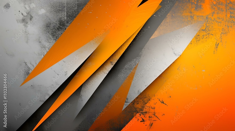 Poster vibrant orange and silver gradient with sharp angular shapes and a grainy texture, set on a charcoal