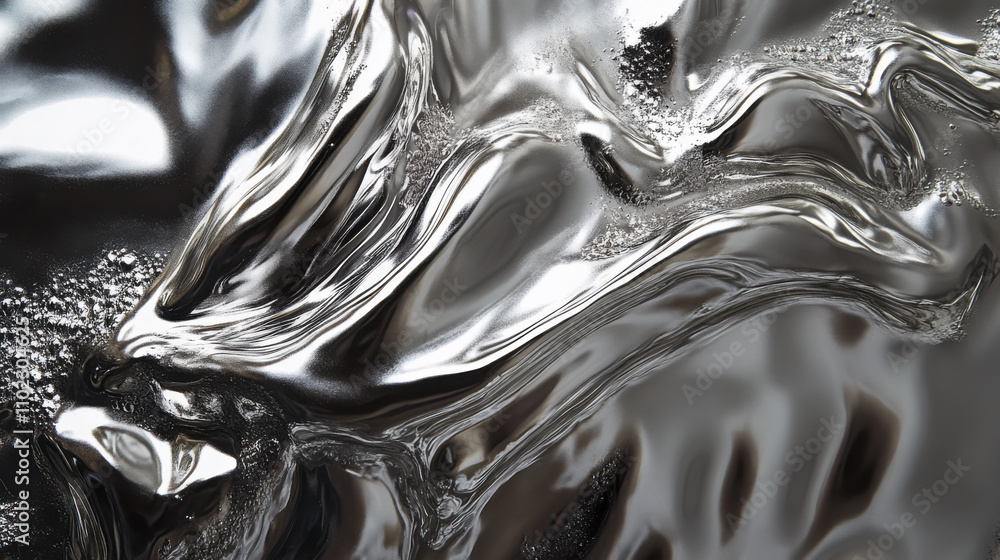 Poster shimmering metallic surface with flowing patterns reflecting light in an abstract, artistic display