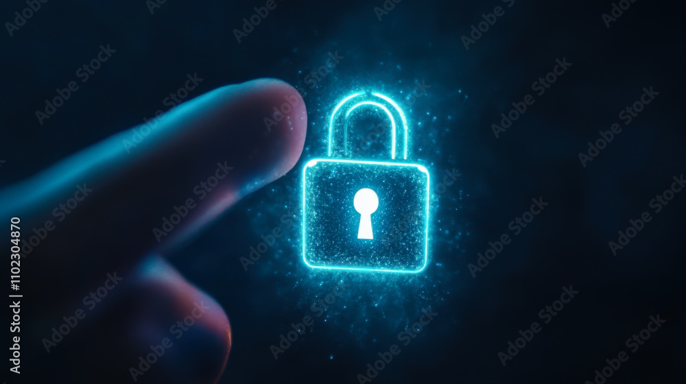 Poster a glowing red lock symbol with a hand about to touch it, emphasizing security and protection in a di