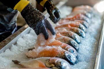 Freshly prepared fish ready for sale at a bustling market in the morning. Generative AI